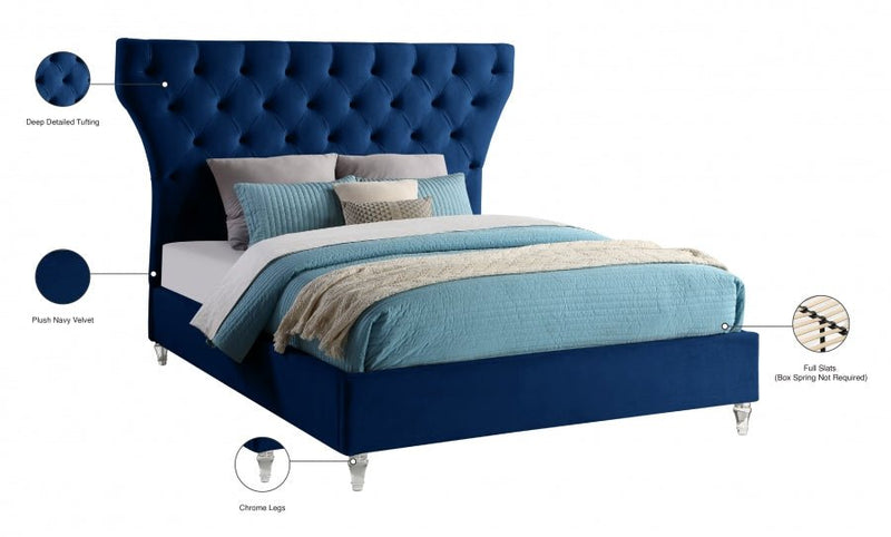 Kira Velvet Queen Bed Blue - Gate FurnitureQueen Bed