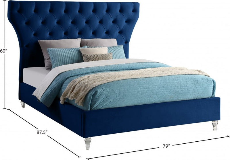 Kira Velvet Queen Bed Blue - Gate FurnitureQueen Bed