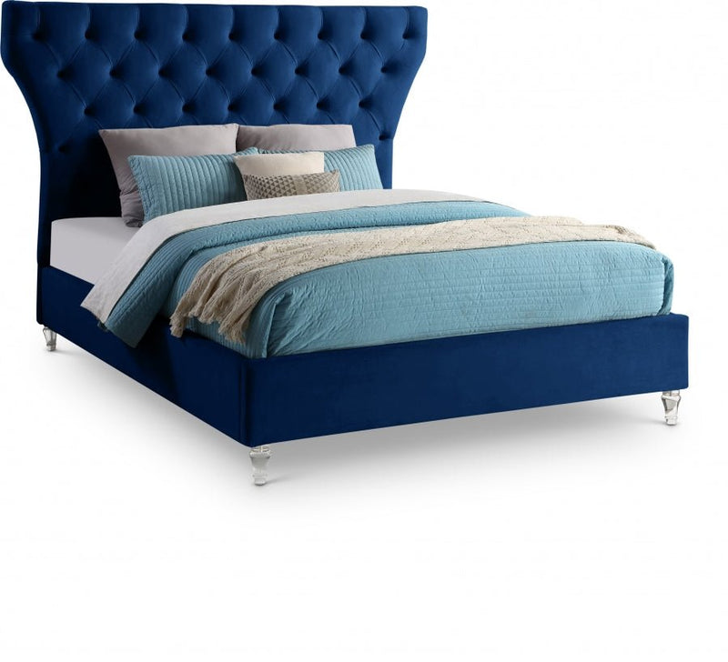 Kira Velvet Queen Bed Blue - Gate FurnitureQueen Bed