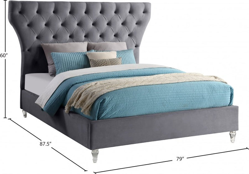 Kira Velvet Queen Bed Grey - Gate FurnitureQueen Bed