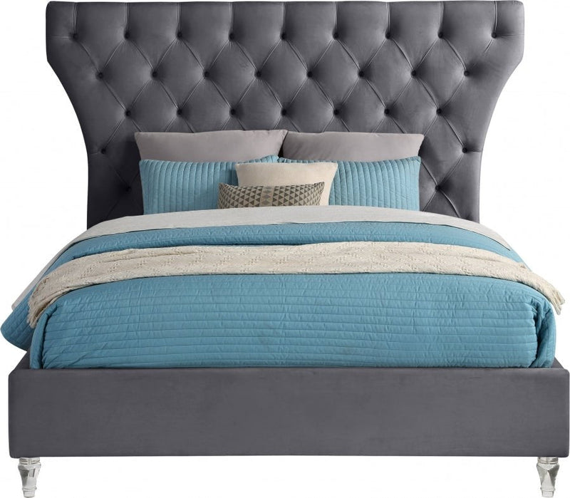 Kira Velvet Queen Bed Grey - Gate FurnitureQueen Bed
