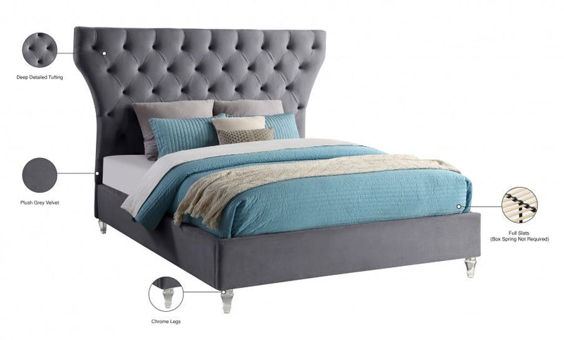 Kira Velvet Queen Bed Grey - Gate FurnitureQueen Bed