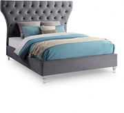 Kira Velvet Queen Bed Grey - Gate FurnitureQueen Bed