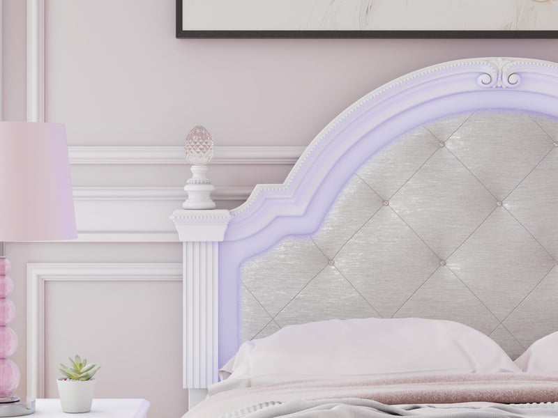 Kozlani Full Upholstered Panel Bed, Dresser and Mirror in White - PKG023801