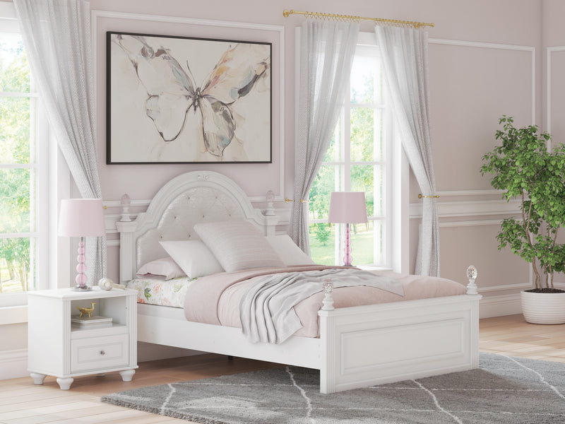 Kozlani Full Upholstered Panel Bed, Dresser and Mirror in White - PKG023801