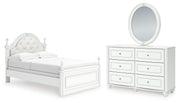 Kozlani Full Upholstered Panel Bed, Dresser and Mirror in White - PKG023801