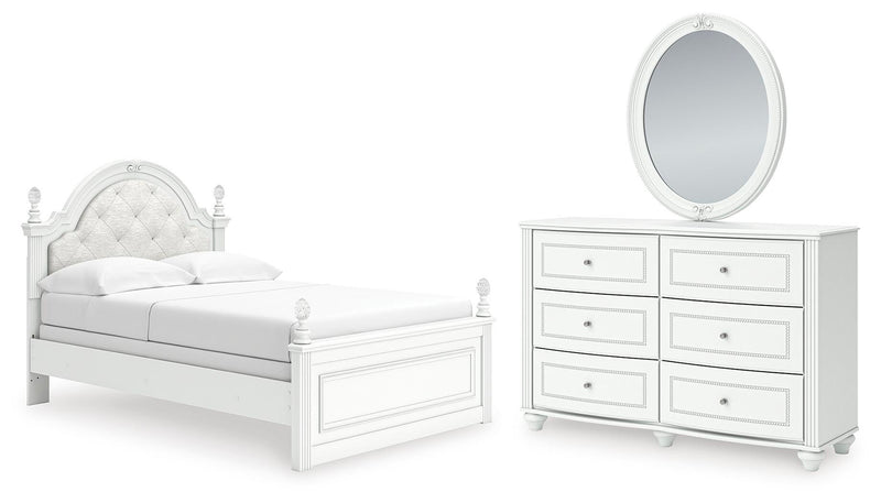 Kozlani Full Upholstered Panel Bed, Dresser and Mirror in White - PKG023801