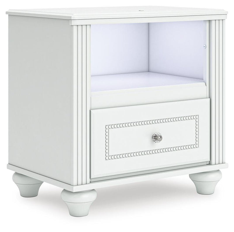Kozlani Full Upholstered Panel Bed, Dresser, Mirror and Nightstand in White - PKG023802