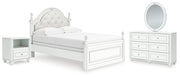 Kozlani Full Upholstered Panel Bed, Dresser, Mirror and Nightstand in White - PKG023802