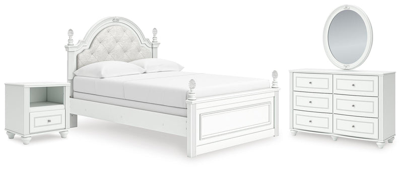 Kozlani Full Upholstered Panel Bed, Dresser, Mirror and Nightstand in White - PKG023802