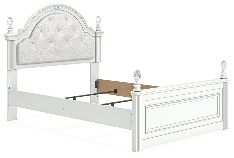 Kozlani Full Upholstered Panel Bed, Dresser, Mirror and Nightstand in White - PKG023802
