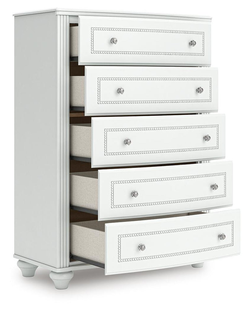 Kozlani Full Upholstered Panel Storage Bed, Dresser and Chest in White - PKG023814