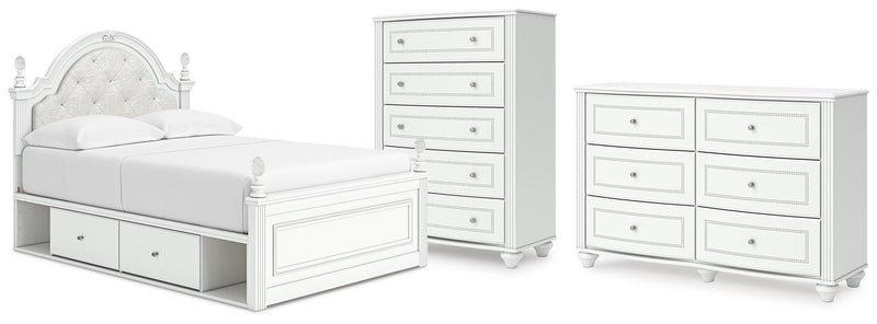 Kozlani Full Upholstered Panel Storage Bed, Dresser and Chest in White - PKG023814