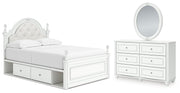 Kozlani Full Upholstered Panel Storage Bed, Dresser and Mirror in White - PKG023811