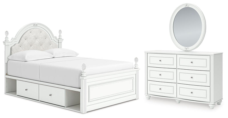 Kozlani Full Upholstered Panel Storage Bed, Dresser and Mirror in White - PKG023811