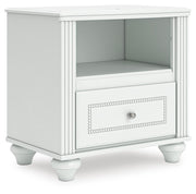 Kozlani Full Upholstered Panel Storage Bed, Dresser, Mirror and Nightstand in White - PKG023812
