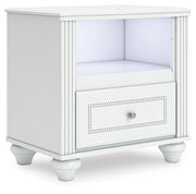 Kozlani Full Upholstered Panel Storage Bed, Dresser, Mirror and Nightstand in White - PKG023812