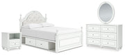 Kozlani Full Upholstered Panel Storage Bed, Dresser, Mirror and Nightstand in White - PKG023812