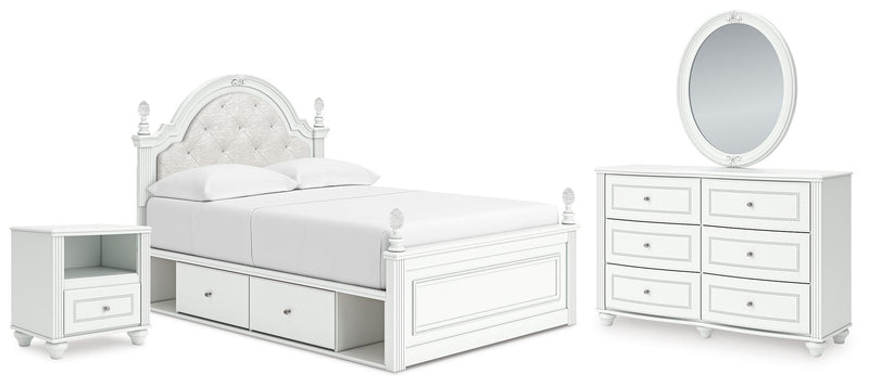 Kozlani Full Upholstered Panel Storage Bed, Dresser, Mirror and Nightstand in White - PKG023812