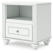 Kozlani Full Upholstered Panel Storage Bed, Dresser, Mirror and Nightstand in White - PKG023812