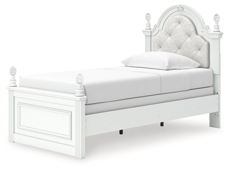 Kozlani Twin Upholstered Panel Bed and Dresser in White - PKG023795