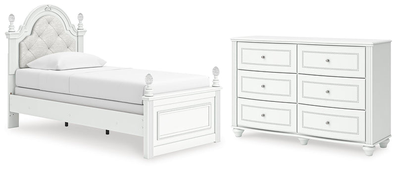 Kozlani Twin Upholstered Panel Bed and Dresser in White - PKG023795