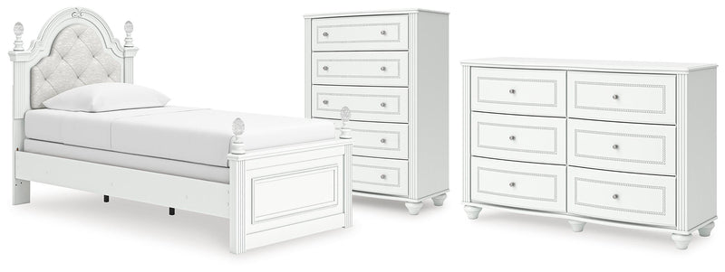 Kozlani Twin Upholstered Panel Bed, Dresser and Chest in White - PKG023799