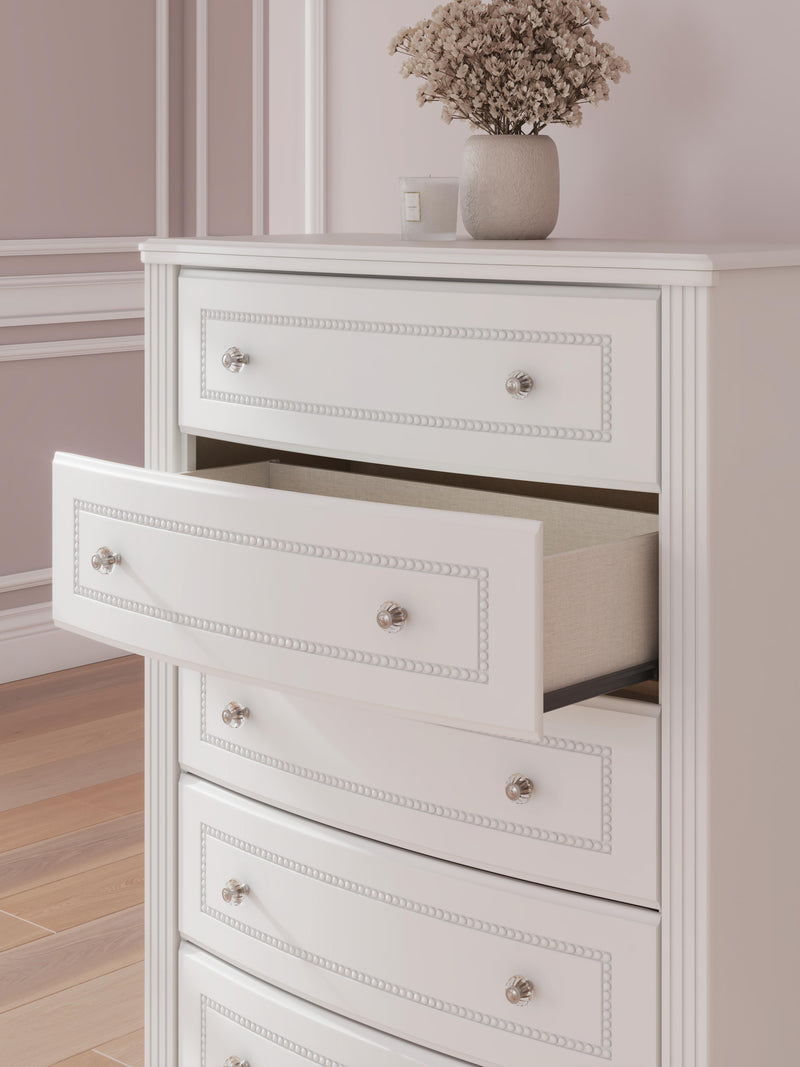 Kozlani Twin Upholstered Panel Bed, Dresser and Chest in White - PKG023799