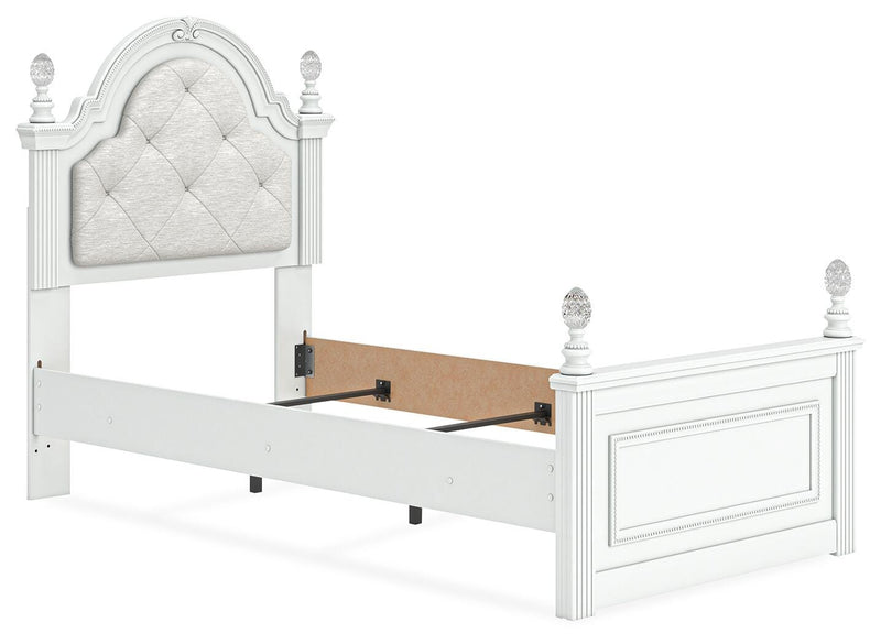 Kozlani Twin Upholstered Panel Bed, Dresser and Mirror in White - PKG023796