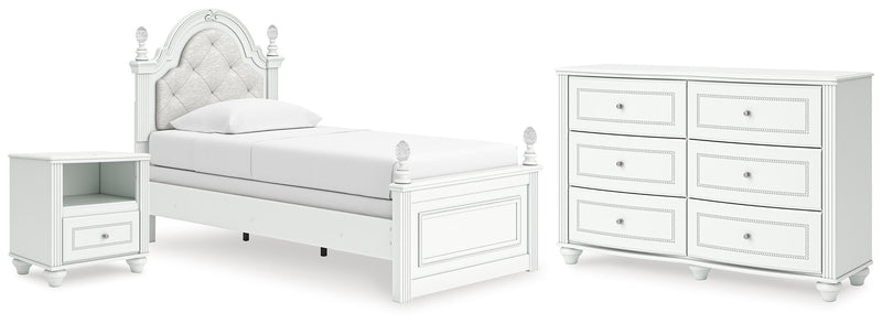 Kozlani Twin Upholstered Panel Bed, Dresser and Nightstand in White - PKG023798