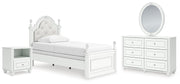 Kozlani Twin Upholstered Panel Bed, Dresser, Mirror and Nightstand in White - PKG023797