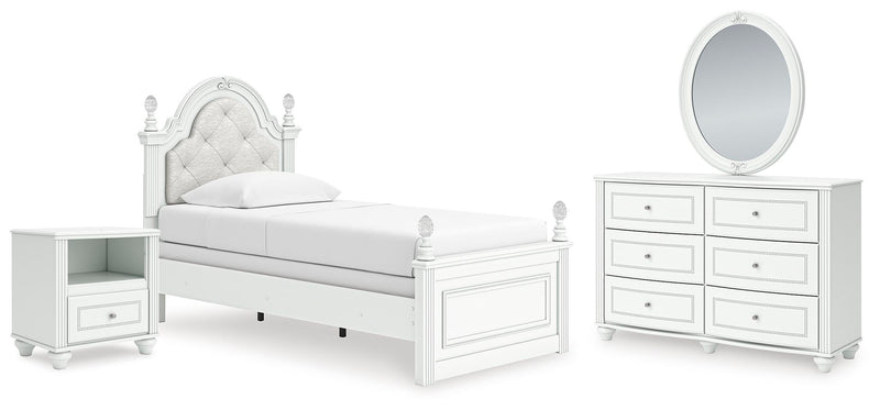 Kozlani Twin Upholstered Panel Bed, Dresser, Mirror and Nightstand in White - PKG023797