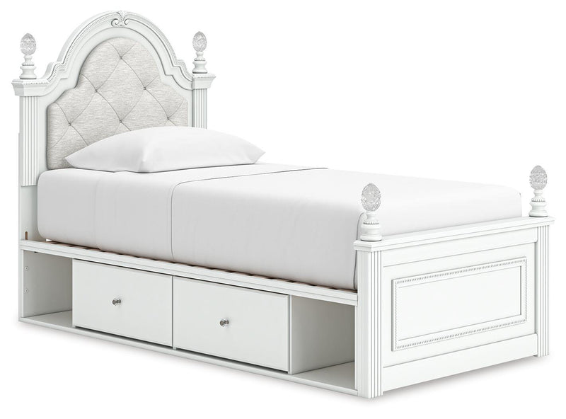 Kozlani Twin Upholstered Panel Storage Bed and Dresser in White - PKG023805