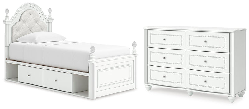 Kozlani Twin Upholstered Panel Storage Bed and Dresser in White - PKG023805