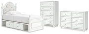 Kozlani Twin Upholstered Panel Storage Bed, Dresser and Chest in White - PKG023809