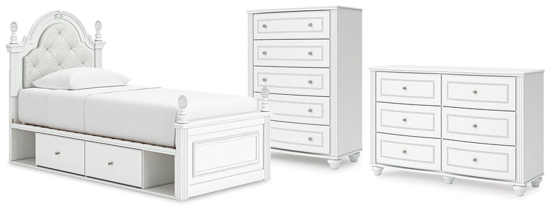 Kozlani Twin Upholstered Panel Storage Bed, Dresser and Chest in White - PKG023809