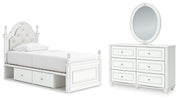 Kozlani Twin Upholstered Panel Storage Bed, Dresser and Mirror in White - PKG023806