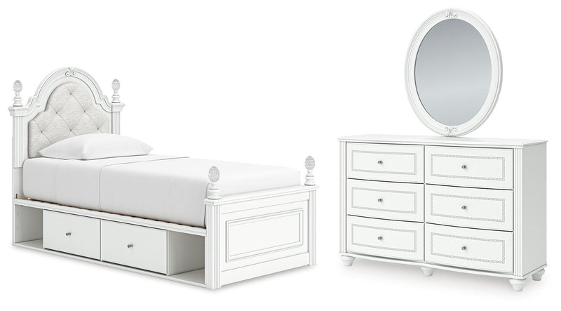 Kozlani Twin Upholstered Panel Storage Bed, Dresser and Mirror in White - PKG023806