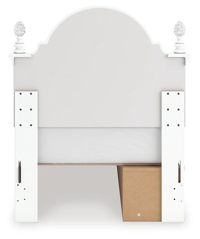 Kozlani Twin Upholstered Panel Storage Bed, Dresser and Mirror in White - PKG023806