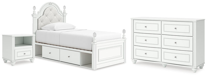Kozlani Twin Upholstered Panel Storage Bed, Dresser and Nightstand in White - PKG023808