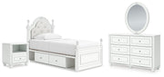 Kozlani Twin Upholstered Panel Storage Bed, Dresser, Mirror and Nightstand in White - PKG023807