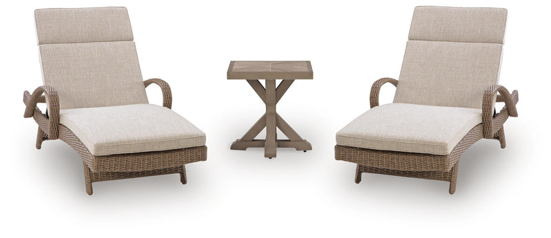 Laguna Heights 2 Outdoor Lounge Chairs with End Table in Beige - PKG025317