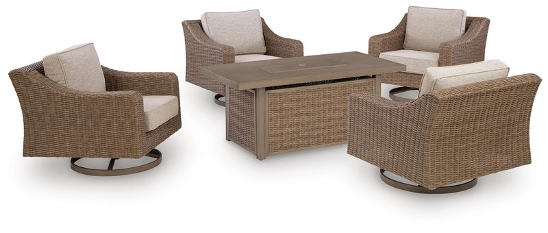 Laguna Heights Outdoor Fire Pit Table and 4 Chairs in Beige - PKG024611