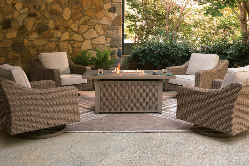 Laguna Heights Outdoor Fire Pit Table and 4 Chairs in Beige - PKG024611