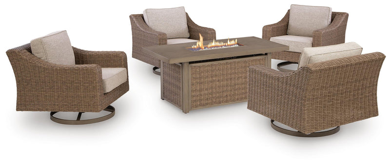 Laguna Heights Outdoor Fire Pit Table and 4 Chairs in Beige - PKG024611