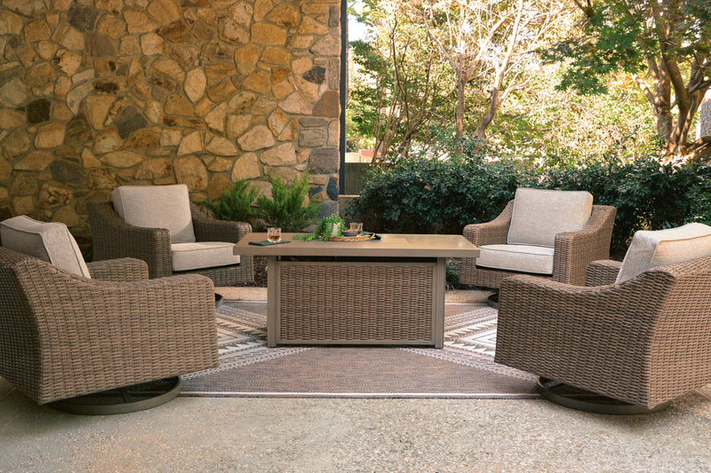 Laguna Heights Outdoor Fire Pit Table and 4 Chairs in Beige - PKG024611
