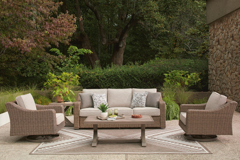 Laguna Heights Outdoor Sofa and 2 Lounge Chairs with Coffee Table and End Table in Beige - PKG024609