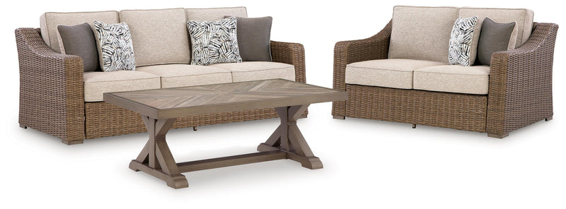Laguna Heights Outdoor Sofa and Loveseat with Coffee Table in Beige - PKG024605