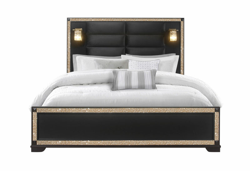 Blake Black King Bed With Lamps - BLAKE-BLACK/GOLD-KB W/ LAMPS