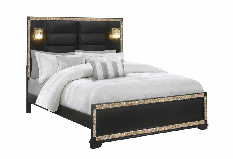 Blake Black King Bed With Lamps - BLAKE-BLACK/GOLD-KB W/ LAMPS